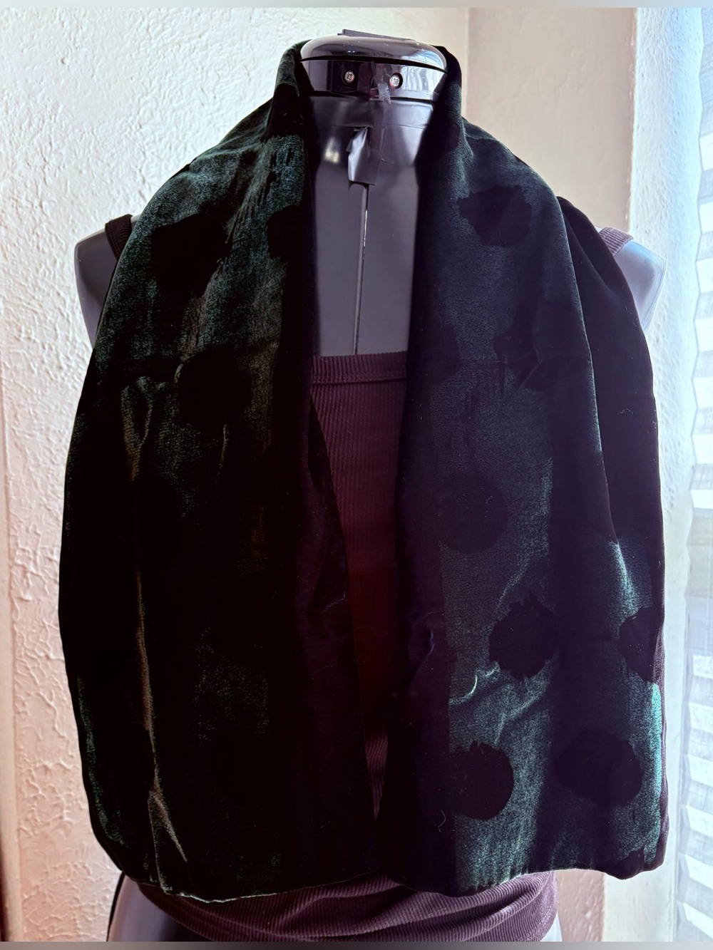 Trisha Needham Forest Green/ Black Polkadot Long Velvet Scarf. Made in England